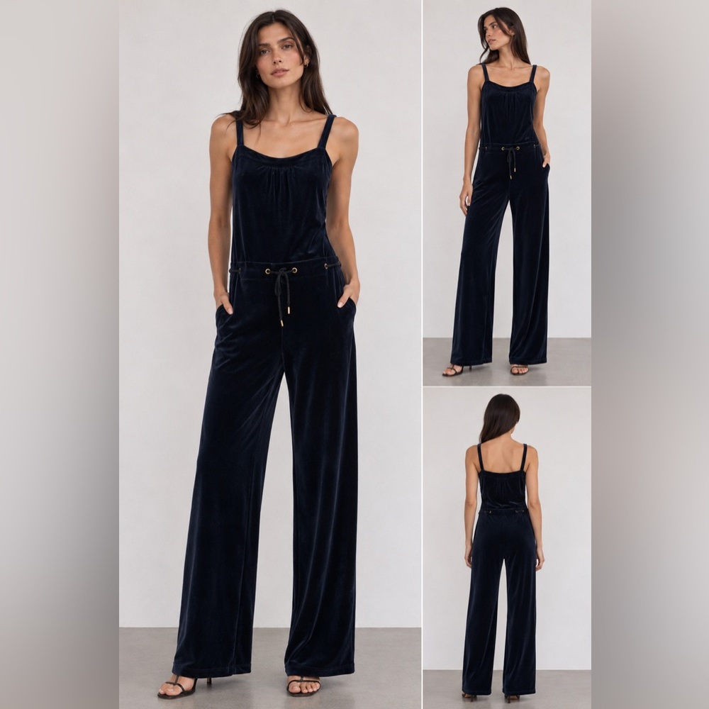 Y2K Juicy Couture Velour Jumpsuit Romper Overall One Piece Wide Leg Navy Velvet